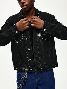ROMWE MEN Men's Turndown Collar Single-Breasted Rivet Decor Fashion Versatile Denim Jacket - Black - View 4