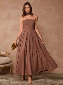 Enchnt Vestido sin tirantes con diseño plisado y acampanado, de moda para fiestas y reuniones - Café integral - Ver 5