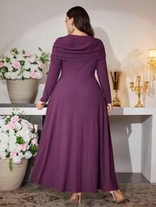 Modelyn Váy dài tay chữ A dáng suông họa tiết hoa hồng phong cách Pháp thanh lịch cho nữ cỡ lớn, phong cách tối giản, sang trọng, thu/đông - Màu tím - Xem 2