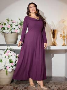 Modelyn Váy dài tay chữ A dáng suông họa tiết hoa hồng phong cách Pháp thanh lịch cho nữ cỡ lớn, phong cách tối giản, sang trọng, thu/đông - Màu tím - Xem 5
