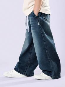 SUMWON 男童套穿式阔腿牛仔裤，抽绳腰带，宽松休闲度假裤 - 藍色 - 查看 4