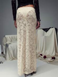 Nöista 蕾丝薄纱优雅低腰无内裤半身裙，性感，情人节礼物 - 米色 - 查看 2