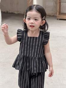 DAZY 2pcs Baby Girls' Striped Ruffle Trim Sleeveless Shirt And Pants Set Toddler Girls Clothes - Light Grey - View 6