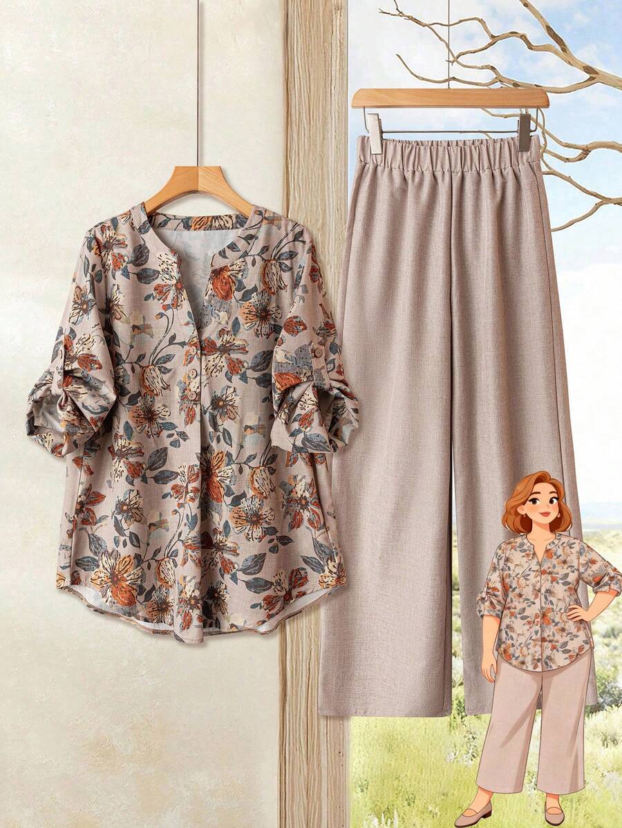 Rusticease 2 Pieces Set Plus Size Women's Floral Print Long Sleeve Shirt And Linen Color Pants Set, Casual Country Style For Vacation, Autumn,Going Out Tops,Fall Women Clothes Country Outfit,Fall Clothes For Women,Vintage,Going Out Outfits,2025 New Clothes