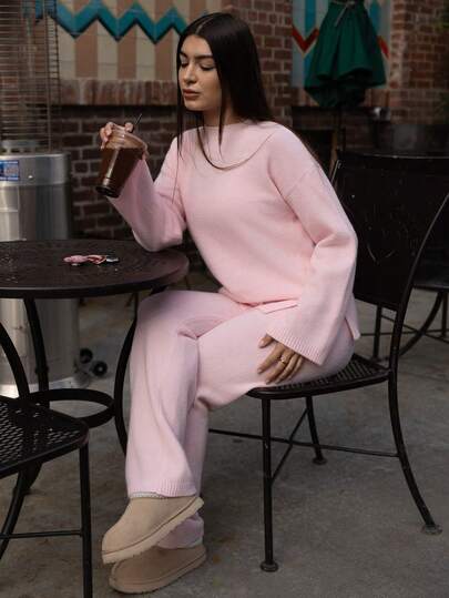 Andrea Bello Conjunto de 2 piezas de suéter y pantalones de punto de unicolor casual para mujer, otoño/invierno