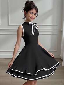 Vestido com Laço Frontal em Cores Contrastantes Estilo Vintage Sweet & Petite, Adequado para Encontros, Festas, Reuniões Casuais, Design Clássico, Elegante e Fofo, Ocasiões Versáteis - Preto - Visão 7