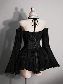 SHEIN ICON 加大码 Y2K 黑色褶皱提花腰带拼接褶皱荷叶边露肩吊带喇叭袖多层荷叶边下摆 A 字雪纺迷你连衣裙，哥特暗黑风格派对装扮 - 黑色 - 查看 10