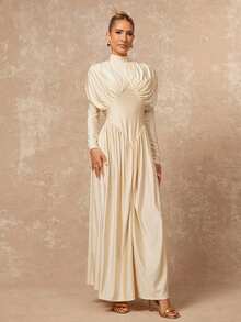 Lumalex VITNOS 新款女士优雅象牙色长袖褶皱腰身高领A字飘逸连衣裙，尽显曼妙身姿，春秋季节、新年、婚礼季、婚礼宾客、节日、派对、假期特别装扮、优雅派对礼服、女士春季连衣裙、正式礼服、魅力优雅连衣裙、宰牲节、新款女装、奢华连衣裙、舞会、聚会、宴会、节日派对、锐舞派对、音乐节、郊游、度假、户外、婚礼季、宴会、圣诞节、新年、派对、情人节等场合的理想之选。 - 杏色 - 查看 6