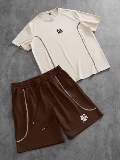 PAVTROS 男士字母印花圆领短袖休闲T恤和抽绳腰短裤套装