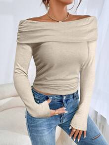 Firerie Women's Solid Color Ruched Off Shoulder Fashionable Long Sleeve T-Shirt - Apricot - View 4