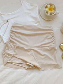 Comfortcana 夏季卡其色 Y2k 纯色褶皱荷叶边下摆半身裙迷你裙 - 卡其色 - 查看 5