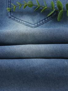 SHEIN Jeans de pierna ancha para niñas preadolescentes, diseño de bolsillos y bajo deshilachado en azul claro lavado, ajuste holgado casual con cintura elástica, adecuado para uso diario, fiesta, escuela, viaje, nueva llegada de otoño - Azul lavado medio - Ver 4