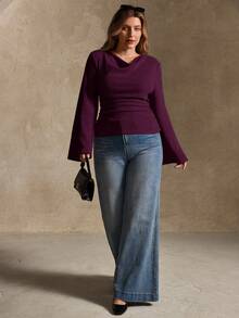 Elegantrix Plus Size Women Loose Collar Flare Sleeve Gathered Waist Ruched Chiffon Knit Casual Top, Autumn/Winter - Burgundy - View 7