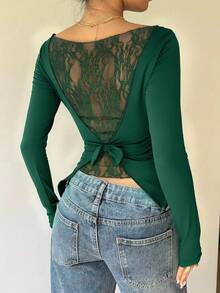 Siren Gaze Women's Lace Patchwork Backbow Slim Fit Long Sleeve Off Shoulder Black Blouse Elegant Spring - Green - View 2