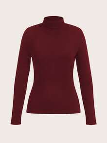 SHEIN LUNE 女士休闲高领长袖紧身打底T恤，适合秋冬季穿着 - 酒紅色 - 查看 5