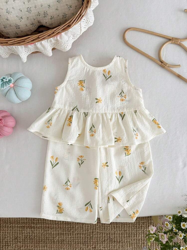 LMoss Kids 2pcs Baby Girl Ditsy Floral Woven Casual Top And Pants Set - Multicolor - View 8