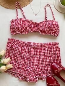 Comfortcana Set de 2 piezas de top corto con volantes y shorts a cuadros para mujer - Blanco - Ver 6