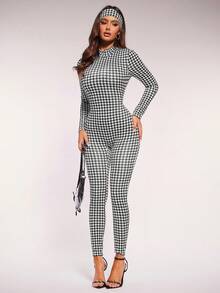 Radiana Women's Houndstooth Printed Casual Unitard Cropped Long Sleeve Zipper Design Stand Collar Jumpsuit - Multicolor - View 2