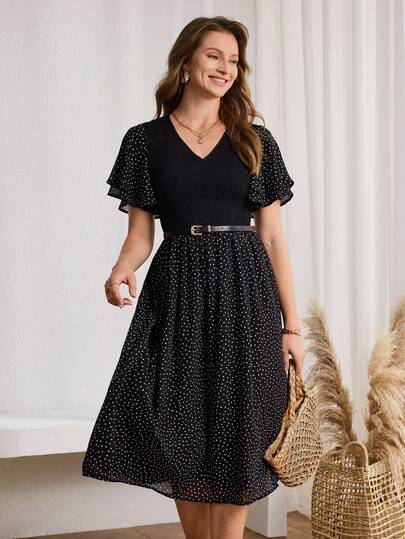 Miaspire This Elegant Summer Dress For Women Features A Classic Black Background With White Polka Dots, Exuding A Retro Yet Fashionable Vibe. The V-Neck And Cinched Waist Design, Paired With Ruffled Short Sleeves, Creates A Slimming And Elegant Silhouette. The Classic Black Base Is Brightened By The Polka Dots. Suitable For Spring And Summer, It Can Be Layered With A Jacket For A More Sophisticated Look During The New Year. Perfect For Casual Outings And Small Gatherings, This Dress Showcases A Retro-Chic Style On The Streets During The New Year And Makes You The Center Of Attention At Small Parties Thanks To The Lively Charm Of The Polka Dots. It's A Stylish And Practical Piece For Your New Year's Wardrobe.