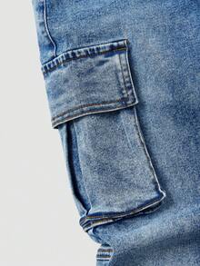 بنطلون جينز أزرق مغسول للأولاد من سن 8 إلى 12 سنة، جيوب كارجو، خصر مطاطي، قماش جينز مطاطي ناعم، مناسب للمشي في المدينة، الموضة اليومية، الإطلالات اليومية، الخروجات، السفر، التجمعات، وصول جديد - أزرق متوسط - مشاهدة 5