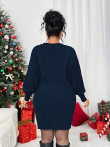 Elenzga Váy len dài tay đính hạt thanh lịch cỡ lớn cho nữ, phù hợp cho các buổi hẹn hò và buổi tối, mùa thu/đông - Xanh đậm - Xem 2