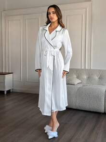 HautHeat Women's Lapel NeckLong Sleeve Casual Belted Robe - Apricot - View 3