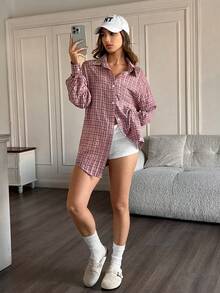 HautHeat Women's Plaid Front Button Long Sleeve Pajama Top - Burgundy - View 3