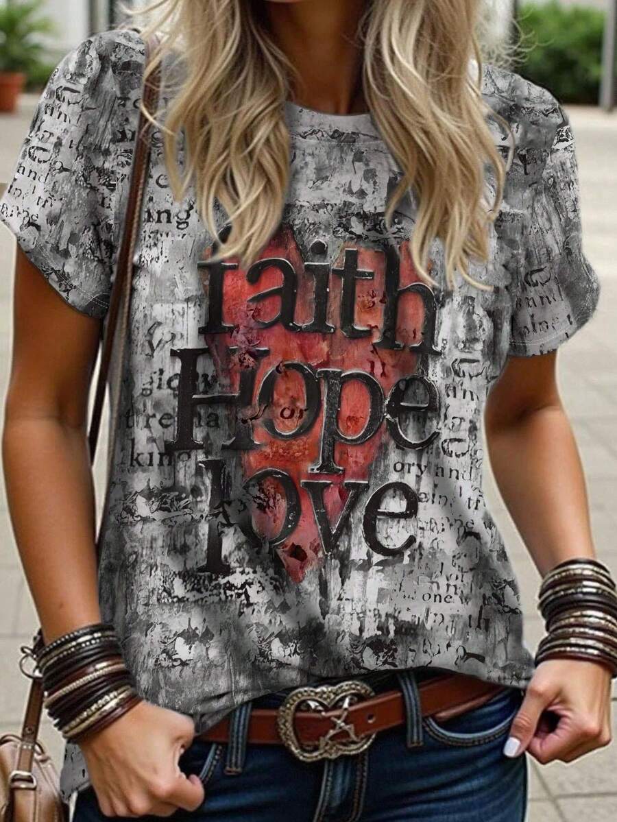 INAWLY Women's Summer Heart & Letter Print Round Neck Short Sleeve T-Shirt - Multicolor - View 1