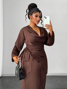 Maweii Bộ 2 món áo sơ mi và quần dài màu trơn thanh lịch cỡ lớn đi làm - màu nâu - Xem 2