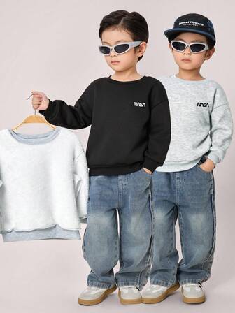 2件套男童百搭保暖宽松套头连帽衫套装，黑色、灰色、复古色，适合上学、花园、秋季和冬季穿着。