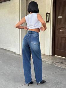 SHEIN Cottnline Jeans de pierna ancha de mezclilla de lavado medio 100% algodón para mujer - Azul lavado medio - Ver 2