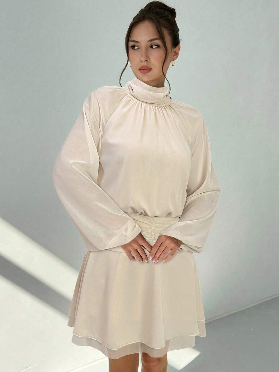 Aloruh 优雅纯色收腰长袖迷你连衣裙（女款） - 杏色 - 查看 1