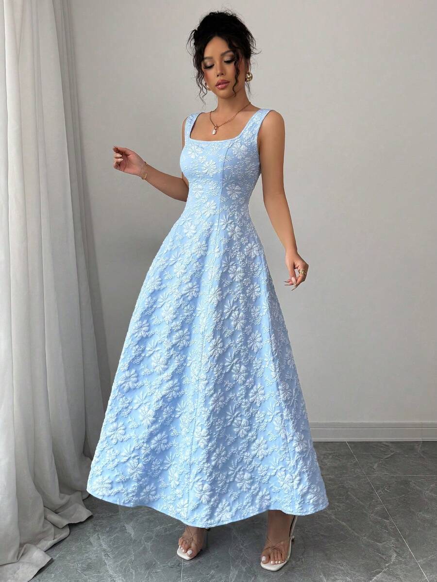 Vestido elegante vintage de cuello cuadrado con estampado jacquard para mujer,Diseño sin mangas,Vestido con relieve floral,Vestido elegante para mujer - Azul - Ver 1