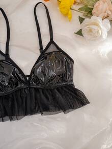 AltCore 2pcs Women's PU Leather Contrast Mesh Comfortable Wireless Triangle Cup Bra And Thong Set - Black - View 7