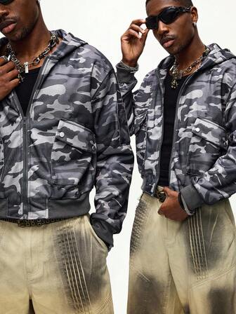 Felpa con cappuccio e chiusura lampo casual da uomo in stile mimetico per l'autunno/inverno