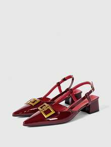 Sleekvia Damskie buty na grubym obcasie z noskiem w szpic, z metalową klamrą, w modnym stylu, w kolorze bordowym, z paskiem z tyłu i klamrą - Burgund - Zobacz 10