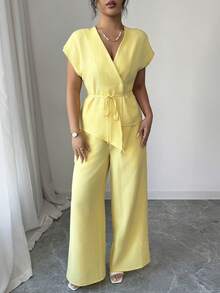 Elenzga 女士时尚休闲V领上衣和裤子两件套，春夏款 - 黃色 - 查看 5