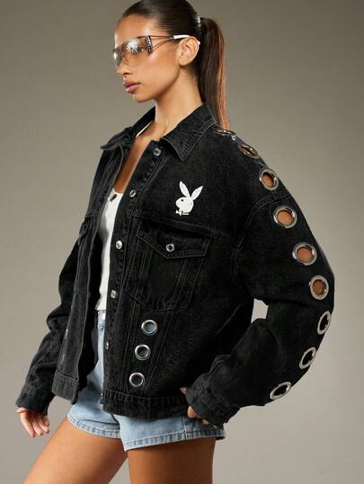 Missguided x Playboy Oversized Denim Jacket With Eyelet Grommets And Bunny Logo For Casual Streetwear Layering