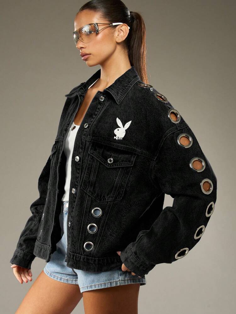 Missguided x Playboy Veste en jean oversize avec œillets et logo lapin pour un look casual et superposable
