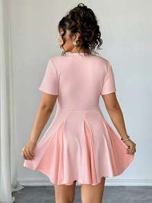 Elenzga Plus Size Dusty Pink Summer Elegant Wedding Guest Mini Dress,Sweet & Spicy Tie-Front Hollow-Out Waist Cinching Pink Bow Dress,Patchwork Skirt Hem - Pink - View 2