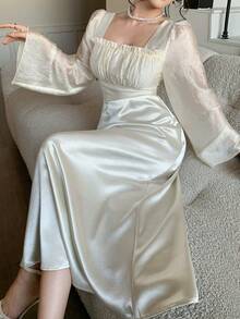 DAZY Đầm maxi nữ thanh lịch, xếp ly, cổ vuông, thích hợp làm đầm dự tiệc cưới, đầm hè. - trắng - Xem 8