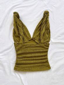 Soleia Women's Vacation Knit White Textured V-Neck Twist Strap Ruched Waist Fitted Stylish Slim Tank Top, Suitable For Party, Date, Valentine's Day Mustard Top Summer Top Cleavage Top - Olive Green - View 2