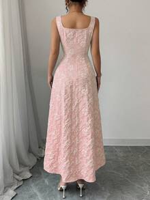 Vestido elegante vintage de cuello cuadrado con estampado jacquard para mujer,Diseño sin mangas,Vestido con relieve floral,Vestido elegante para mujer - Rosa - Ver 2