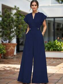 Mono Corte Recto Con Manga Capa Mono Cintura Elástica Overol Escote V - Azul Marino - Ver 1