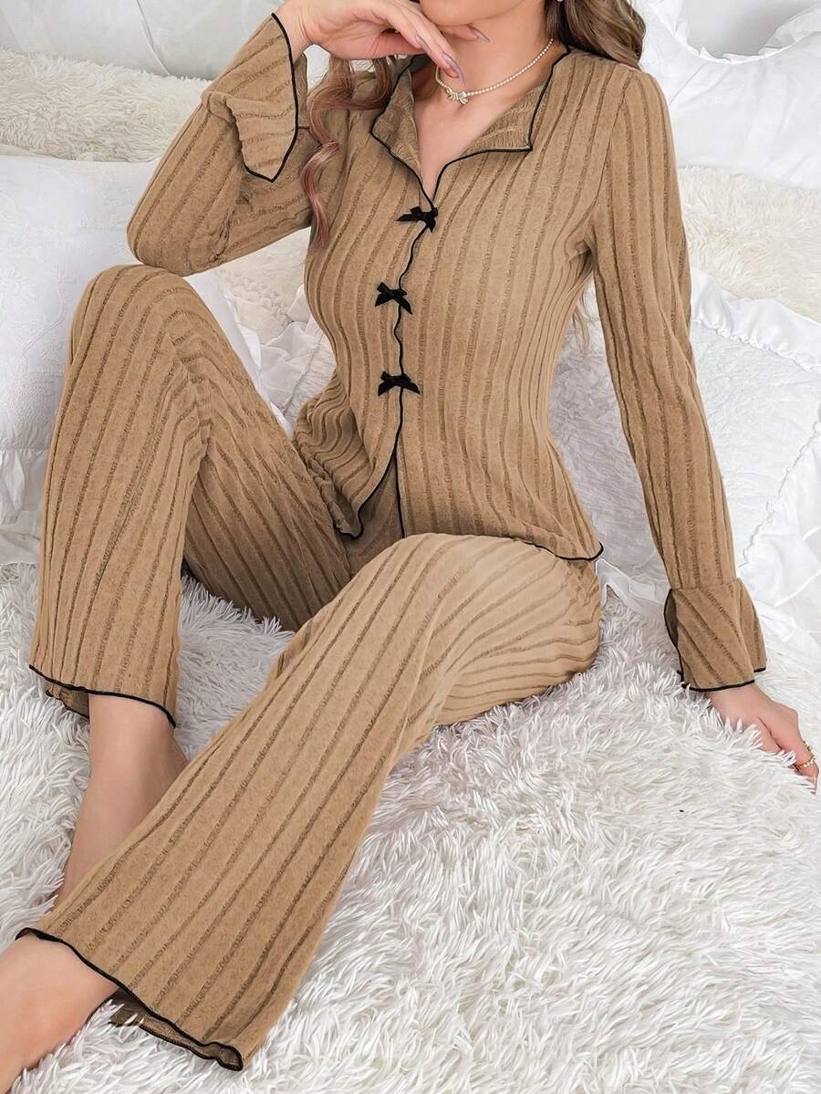 女士休闲蝴蝶结装饰睡衣套装 - 駝色 - 查看 1