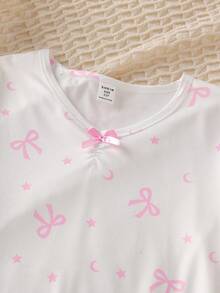 Tween Girls Pajamas-Nightgown Bow Print Pink Long Sleeve V Neck Knee Length Nightdress Ruffled Hem Elastic Cuffs Comfortable Lightweight Four Season Holiday 2026 Must Have Gift Lounge Princess Style Easy Care Machine Washable Adjustable Fit - White - View 4