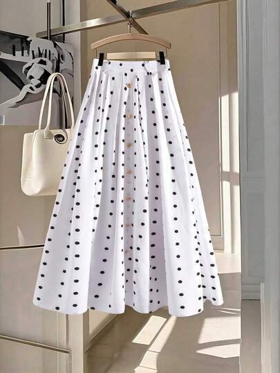 Franclia Women's Elegant High Waist Metal Buckle Decor Casual Versatile Long Pleated Polka Dot Skirt, Winter