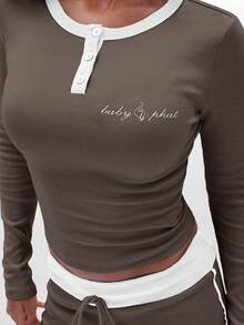 BABYPHAT Ribbed Henley Long Sleeve Top With Contrast White Trim And Button Placket For Casual Everyday Wear - Mocha Brown - View 7