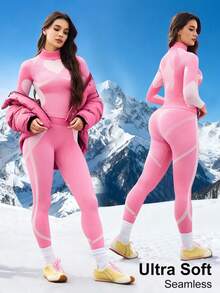 Core Rhythm Women's Contrast Color Heart Print Turtleneck Long Sleeve Ski Suit 2 Pieces Set Pink Sports Set Ski Outfit Women's Thermal Pink Activewear Set Active Wear Women Set - Hot Pink - View 7
