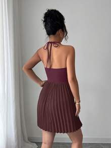 Elenzga 女士吊带系带金属花朵装饰褶皱优雅腰身派对迷你连衣裙 - 中紫紅色 - 查看 2